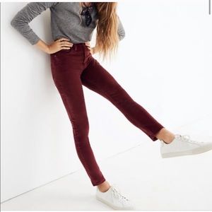 Madewell high riser red velvet skinny jeans